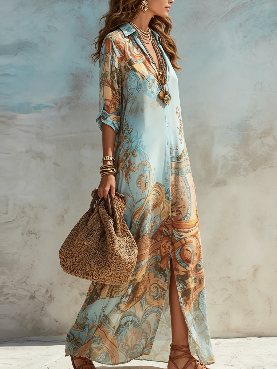 Luisa | Vestito maxi chemisier mediterraneo